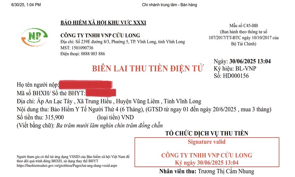 Vĩnh Long: Từ hôm nay, tổ chức dịch vụ thu BHXH, BHYT sẽ sử dụng biên lai điện tử