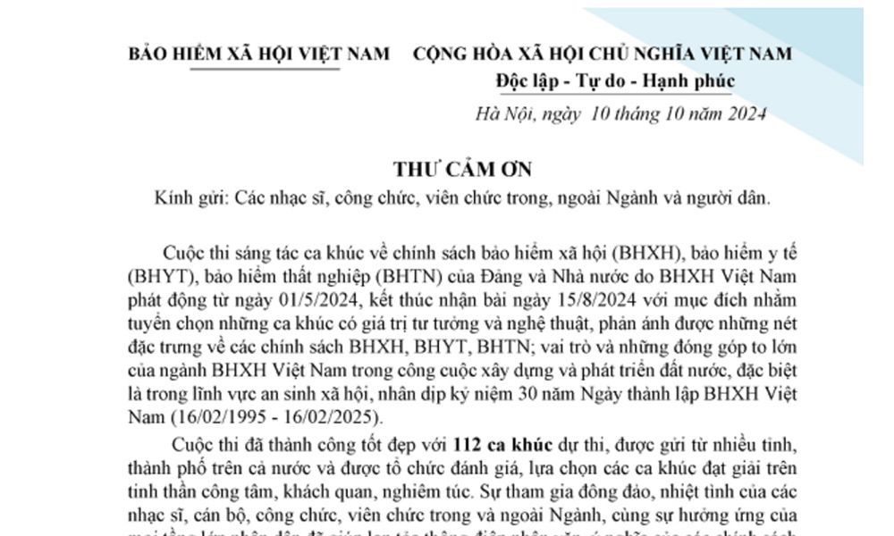 Thư cảm ơn gửi các nhạc sĩ, công chức, viên chức trong, ngoài Ngành và người dân